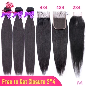 

Brazilian Human Hair Bundles With Closure Straight Hair Extensions With 4x4 Lace Closure Free Closure 4X2 Middle Part Non-Remy