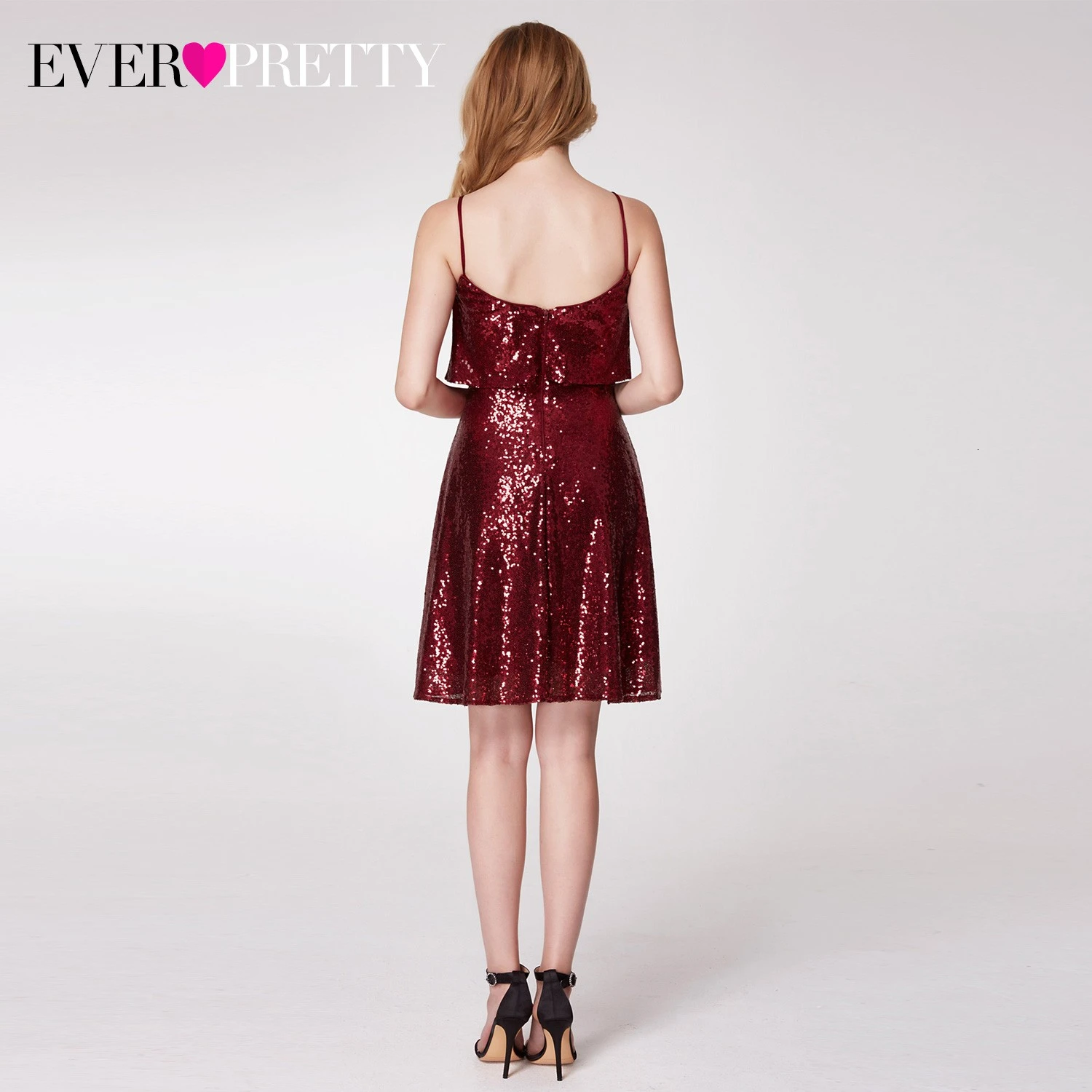Сверкающие бордовые коктейльные платья Ever Pretty SEQUINS А-силуэт Спагетти ремни оборки сексуальные короткие вечерние платья Vestido Coctel