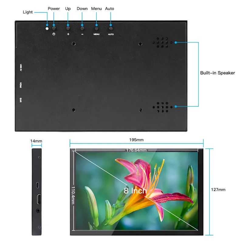 Портативный монитор Raspberry Pi 8 дюймовый ЖК дисплей двойной динамик HDMI 1280x800P IPS экран