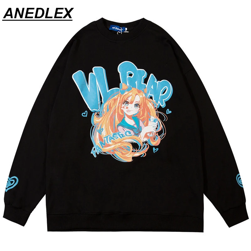 Men Sweatshirts Streetwear Japanese Anime Girl Print Hip Hop Pullover