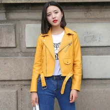 2022new Women Pu Leather Jacket Fashion Bright Colors Black Motorcycle Coat Soft Faux Leather Biker Short Jacket Female