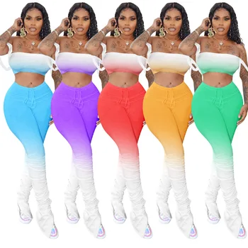 

Echoine women Gradient spaghetti strap crop tops stacked bell bottom jogger sweatpants suit two piece set sport tracksuit outfit