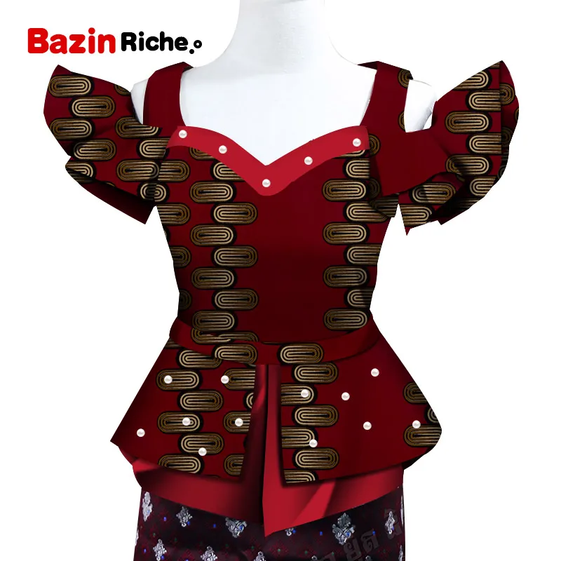 Fashion Shirt African Print Top for Women Bazin Riche Pearls Double Ruffles Top Cotton Dashiki African Clothing WY5096