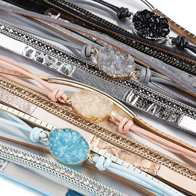 Leather Braided Bracelet Leather Bracelet Charm Bracelet Multilayer Genuine Leather Bracelets for Women Men Fashion Boho Resin Charm Rhinestone Chain Wrap Bracelet Femme Jewelry