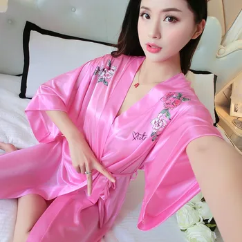

Print Women Satin Sleepwear Bridesmaid Kimono Bathrobe Gowns Casual Mini Home Clothing Dress Loose Nightgown Robes Sexy