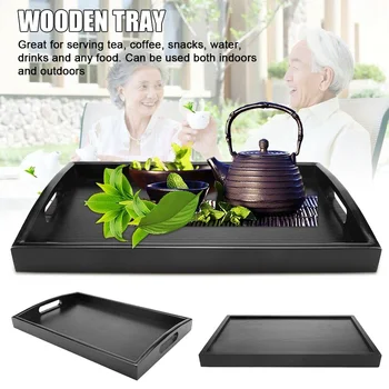 

Serving Tray Large Black Wood Rectangle Food Tray Butler Breakfast Trays with Handles Easy to Grip HY99