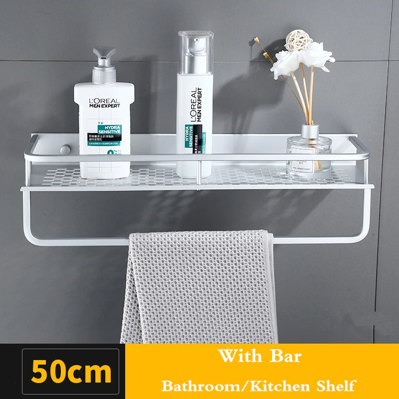 50cm (With bar) Космическая Алюминиевая Полка для полотенец для ванной комнаты, шампунь, мыло, косметические полки, кухонная полка для хранения приправ, аксессуары для ванной комнаты - Цвет: 50cm (With bar)
