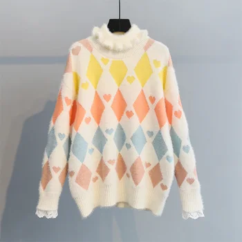 

Mink fleece thicken warm women sweaters plaid turtleneck ruffles lady elegant pulls outwear coat tops