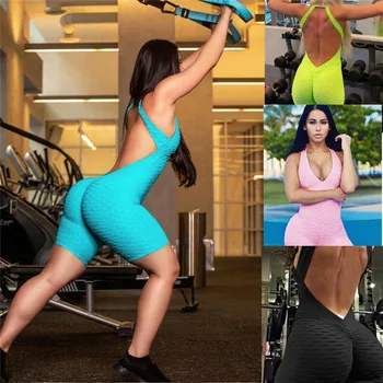 

New Sexy Women Backless Playsuit Fitness Tight Shorts V-neck Jumpsuit Costume Sport Gym Casual Bodysuit Female Pure Color Romper
