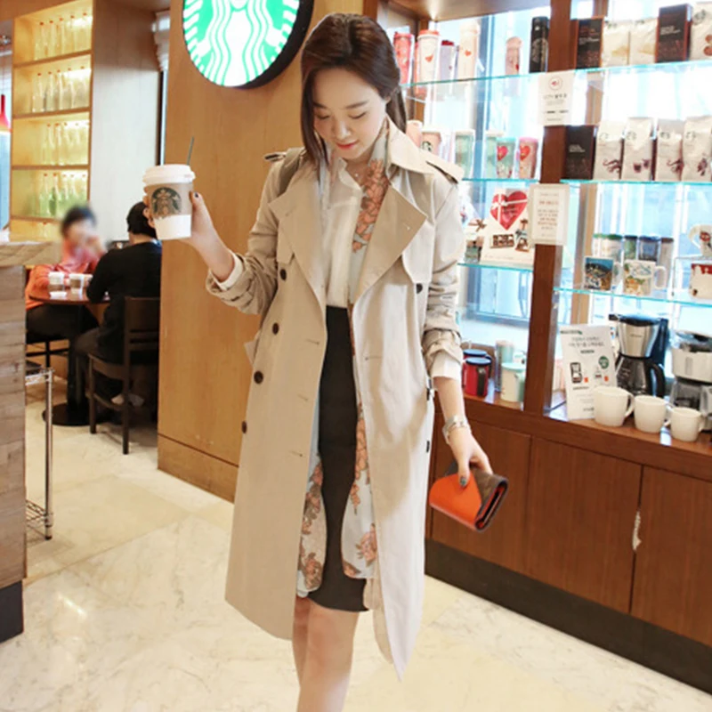 Double Breasted Md-long Trench Coat Women New Fashion Turn Down Collar Long Sleeve Belt Windbreaker Female Abrigo RQ773