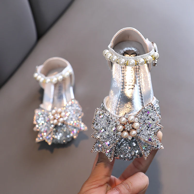 AINYFU New Girls Princess Shoes Baby Flat Sequin Pearl Bow Sandals Kids Shoes Children Fashion Bling Soft Kids Dance Party Shoes