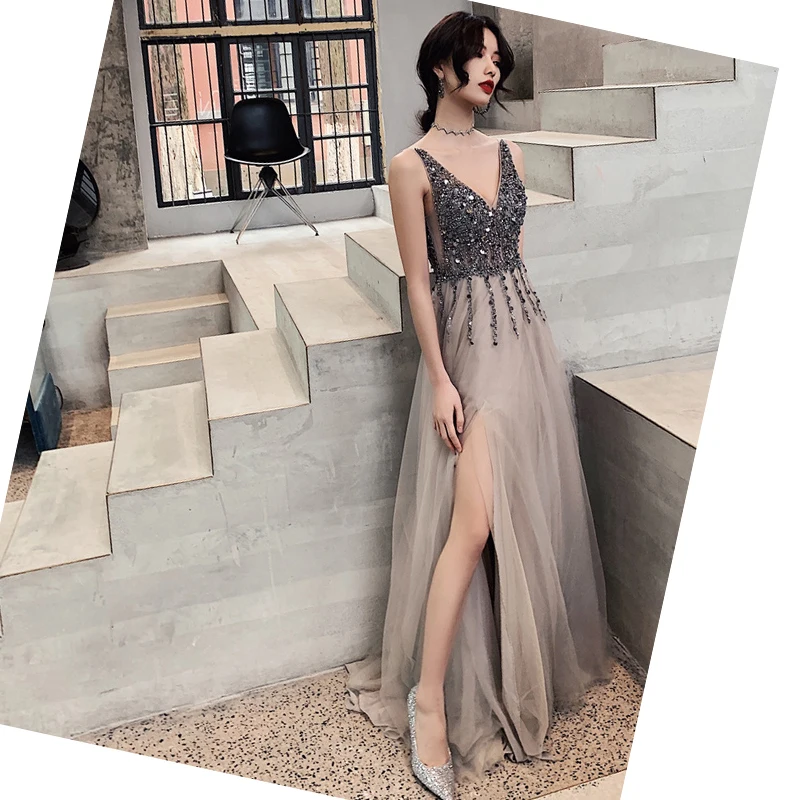 Bridesmaid Dresses 2020 Grey Sleeveless Wedding Dresses for Women A Line V Neck Beads Wedding Party Occasion Prom Dresses Bridesmaid Dresses 2020 Grey Sleeveless Wedding Dresses for Women A Line V Neck Beads Wedding Party Occasion Prom Dresses