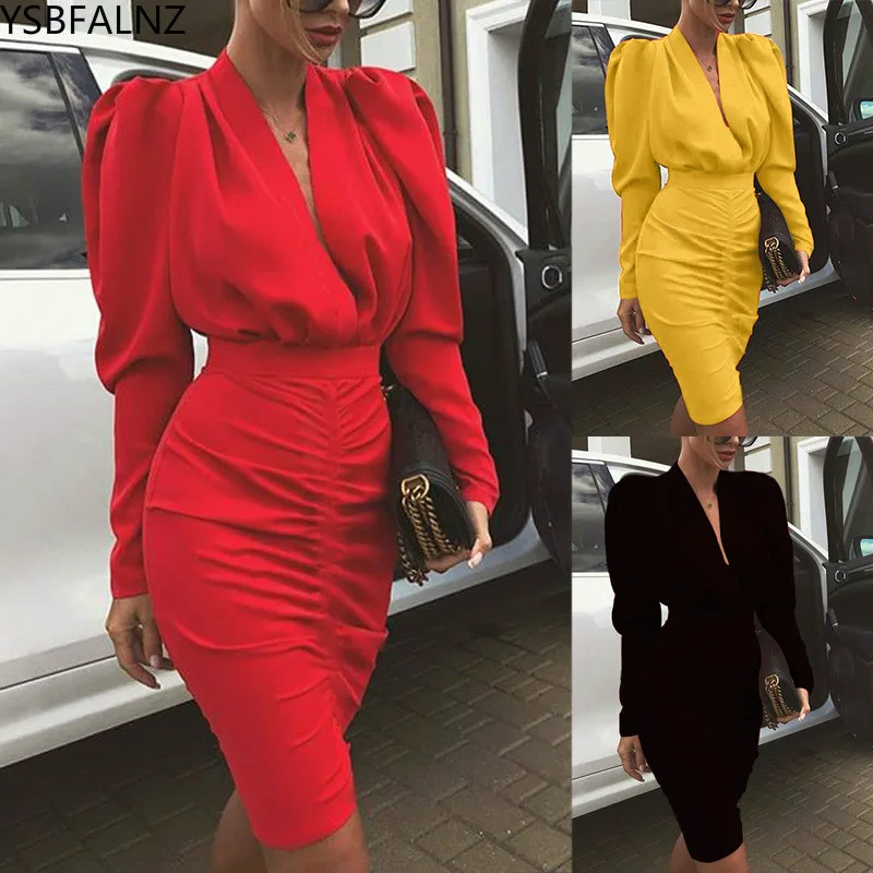 

Elegant Dress Women V-Neck Lantern Sleeve Solid Spring Knee-Length OL Work High Waist Long Sleeve Party Sexy Bodycon Vestidos