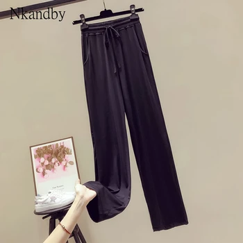 

Plus Size Wide Leg Cool Thin Pants Women 2020 Summer Loose Drawstring Elastic Waist Korean Holiday Female Ankle-length Pants