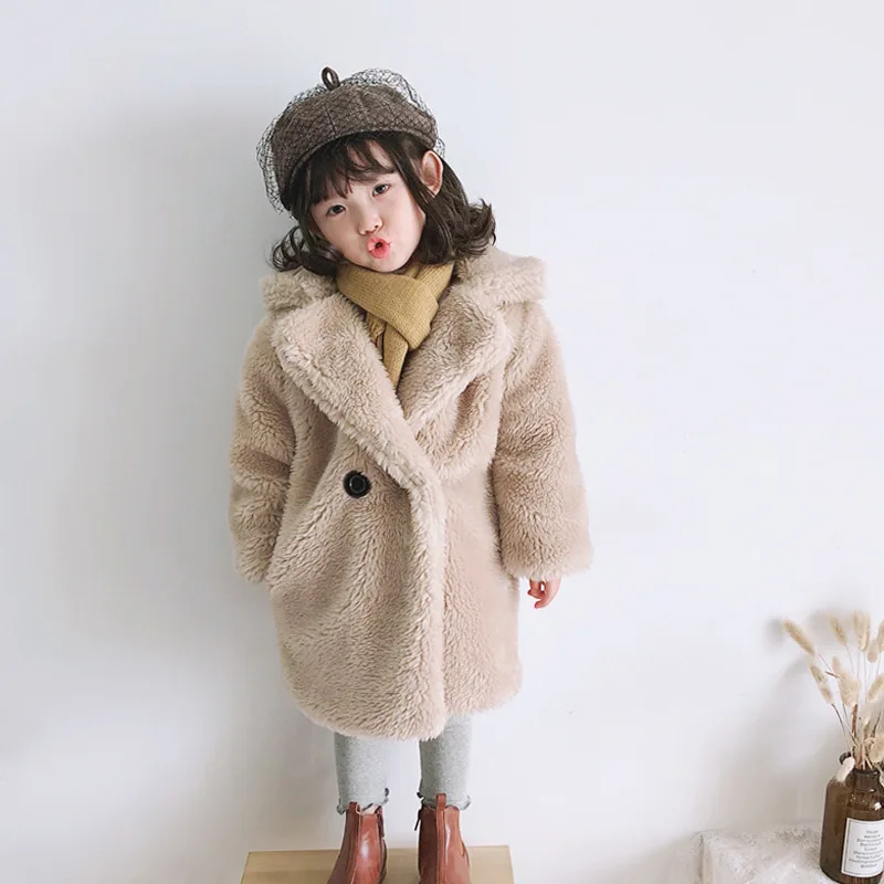 Детское пальто с искусственным мехом; детская утепленная куртка с отложным воротником; длинное пальто; зимняя детская повседневная верхняя одежда для девочек; От 2 до 12 лет - Цвет: Beige