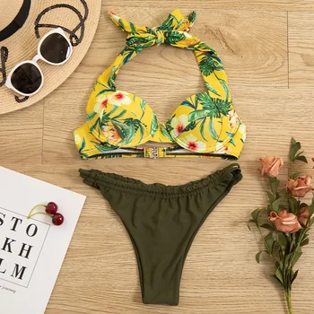 

New Sexy Floral Print Halter Bikini Push Up Swimwear Women Swimsuit FemaleTwo piece Bandage Bathing Suit Women Ruched Beach Wear