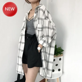 

Women Long Length Korean Full Sleeve Spring New Big Plaid Shirt Thin Blusas Casual Loose Coat Feme Harajuku Clothing 2018 Trends