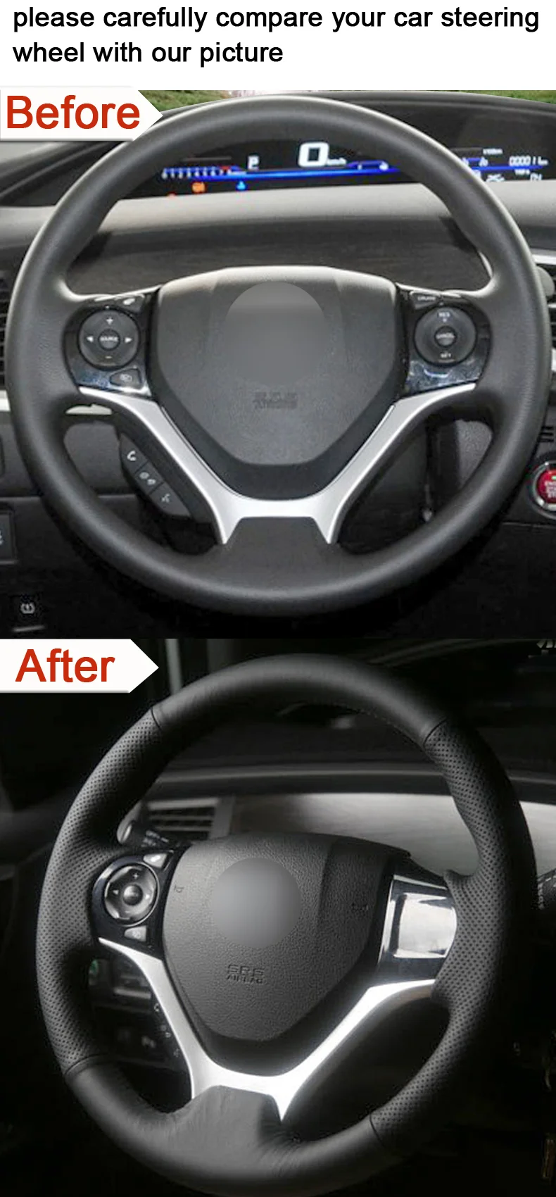 Черный чехол рулевого колеса автомобиля из натуральной кожи для Honda Civic 9 2012