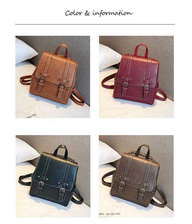 2019 Vintage Women Backpack Purse School Bag for Teenage Girls Retro Leather Backpacks Black Red Travel Back Pack Small Rucksacks (10)