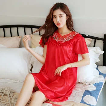 

2020 Summer New Product plus Fertilizer L Loose Middle-Aged Middle-aged Women Dress Viscose Fiber Short Nightgown Lace Dress