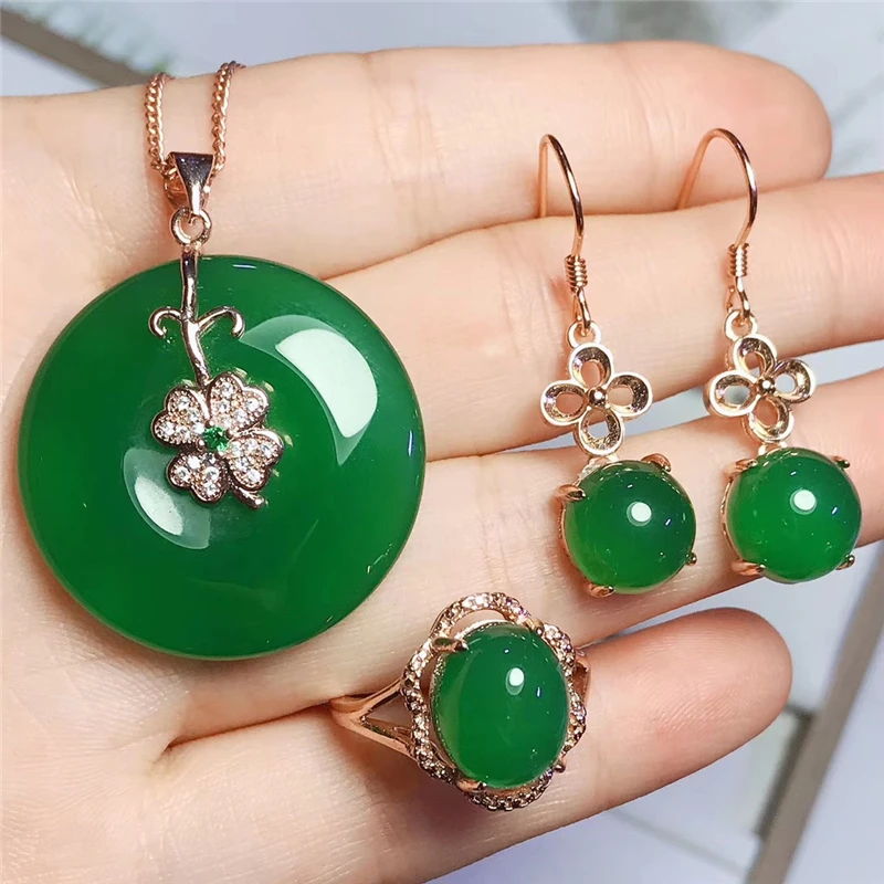 Jadery 925 пробы Серебряное ожерелье/серьги/кольцо Круглый натуральный желтый топаз нефрит ювелирные наборы для женщин ювелирные изделия Прямая поставка - Цвет камня: Green