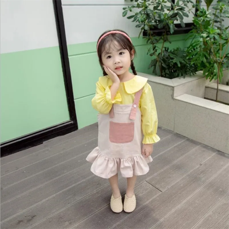 Yellow Комплекты для девочек детская одежда костюмы из двух предметов детский осенний комплект одежды с длинными рукавами для девочек, рубашка и платье на бретелях От 1 до 5 лет - Цвет: Yellow