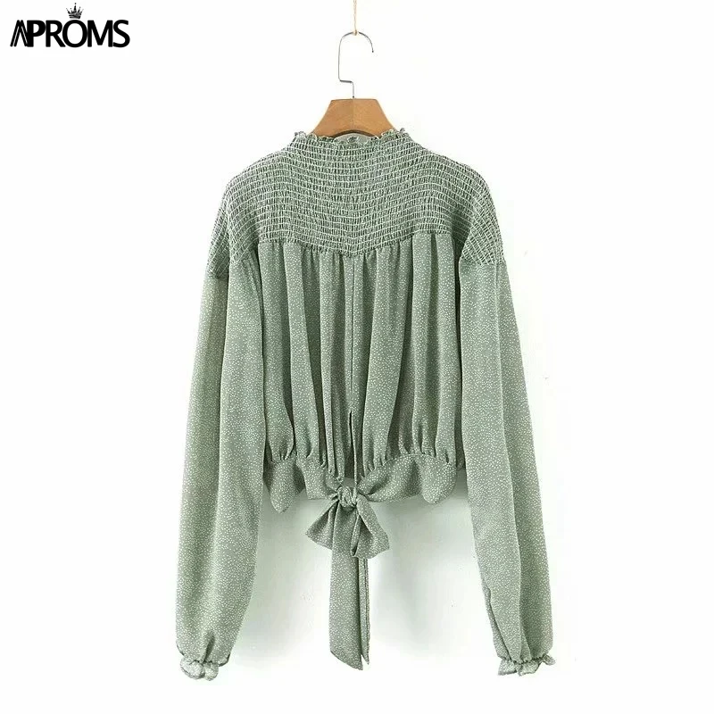 Aproms, шифоновая блузка в мелкий горошек, рубашка, женская, элегантная, длинный рукав, галстук-бабочка, с рюшами, топ, осень, плиссированный пуловер, рубашка