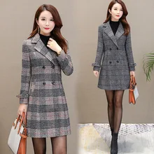 Клетчатое Женское пальто, осень, стиль, модное, средней длины, элегантное, с воротником, двубортное, приталенное, Тренч