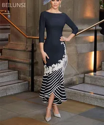 Dark Navy Plus Size Mother Of The Bride Dresses Mermaid White Appliques Wedding Party Gown Full Sleeve Robe Mere De Mariee