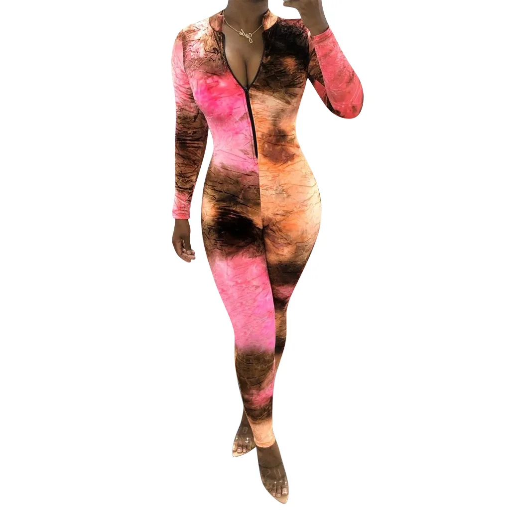 ANJAMANOR сексуальный комбинезон с принтом «Tie Dye», вечерние комбинезоны на молнии спереди, облегающий цельный комбинезон, одежда для спортзала, D41-AE84 - Цвет: Розовый
