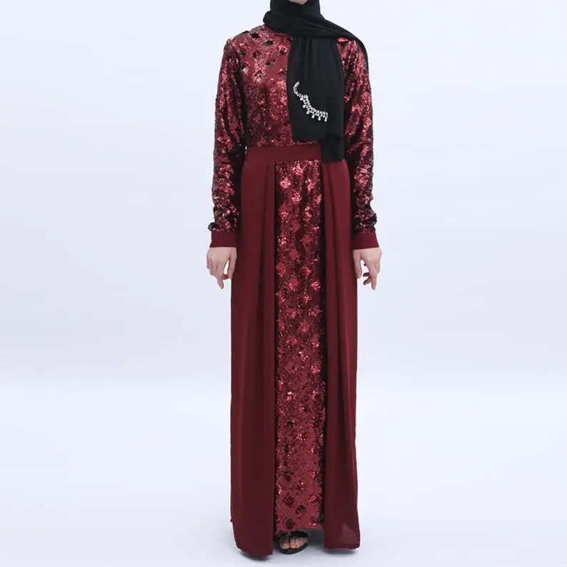 Wine red dress Sequin Vestidos Абая для мусульман, Дубай Арабский пакистанский хиджаб платье для женщин турецкие платья кафтан Elbise Eid халат Musulmane - Цвет: Wine red dress