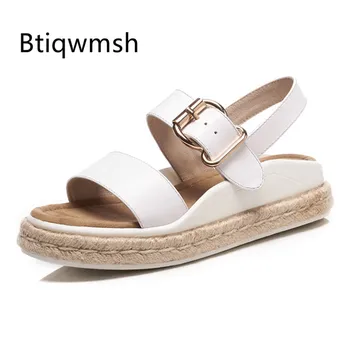 

White Real Leather Straw Woven Wedges Sandals Women Open Toe Gold Metal Buckle Casual Shoes Summer Female Walking Shoes