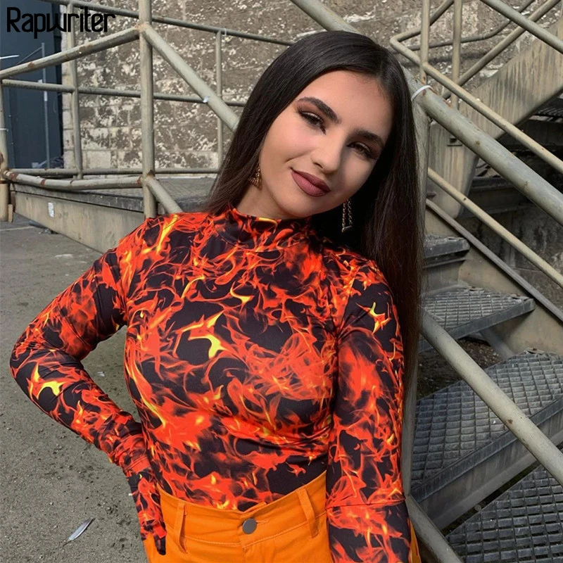 Rapwriter Fashion Flame Fire Print Party Bodysuit Women With Gloves Turtleneck Long Sleeve Bodycon Autumn Body Tops Club Rapwriter Fashion Flame Fire Print Party Bodysuit Women With Gloves Turtleneck Long Sleeve Bodycon Autumn Body Tops Club
