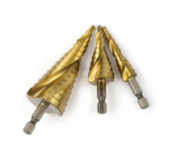 6pcs Titanium Coated Straight and Spiral Step Drill Bit Set Hex Shank Grooved Center Drill Bit Accessories Step Cone Drill Bit