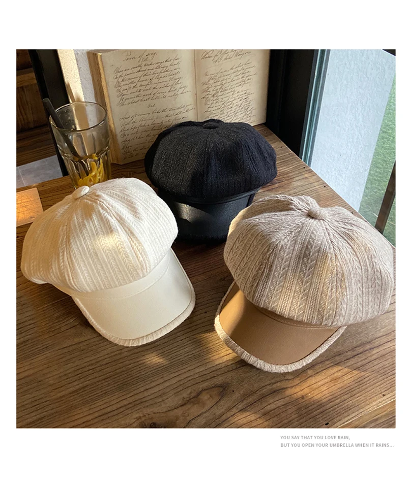 W63 Female Leather Beret Autumn And Winter Tide British Retro Letter Striped Octagonal Newsboy Painter Hat_voghion.com