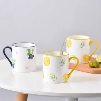 

350ML Japanese Cute Cartoon Fruit Ceramic Mug Creative Breakfast Milk Cup Coffee Cup with Spoon Lemon Blueberry Ceramic Mugs