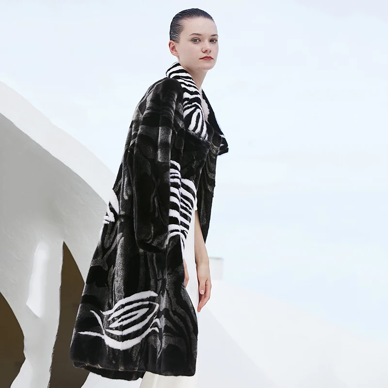 Ftangaiur Winter Import Velvet Mink Fur Coat Contrast Color Striped Mink Coat Women's X-Long Natural Real Mink Fur Coats