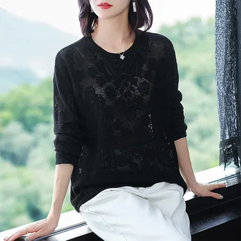 

Spring and autumn new solid color round neck hollow long-sleeved knitted T-shirt 2020