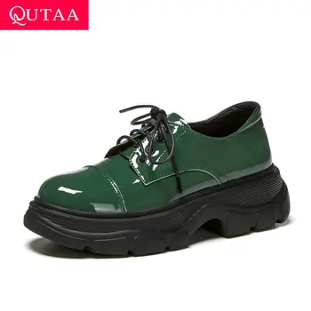 

QUTAA 2021 Platform Cow Leather Quality Women Single Shoes Square High Heel Lace Up Casual Round Toe Ladies Pumps Size 34-41