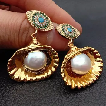 

White freshwater Pearl Shell drop Cubic Zirconia pave Evil Eye Yellow Gold color Plated Stud Earrings Sweet Gift Jewelry