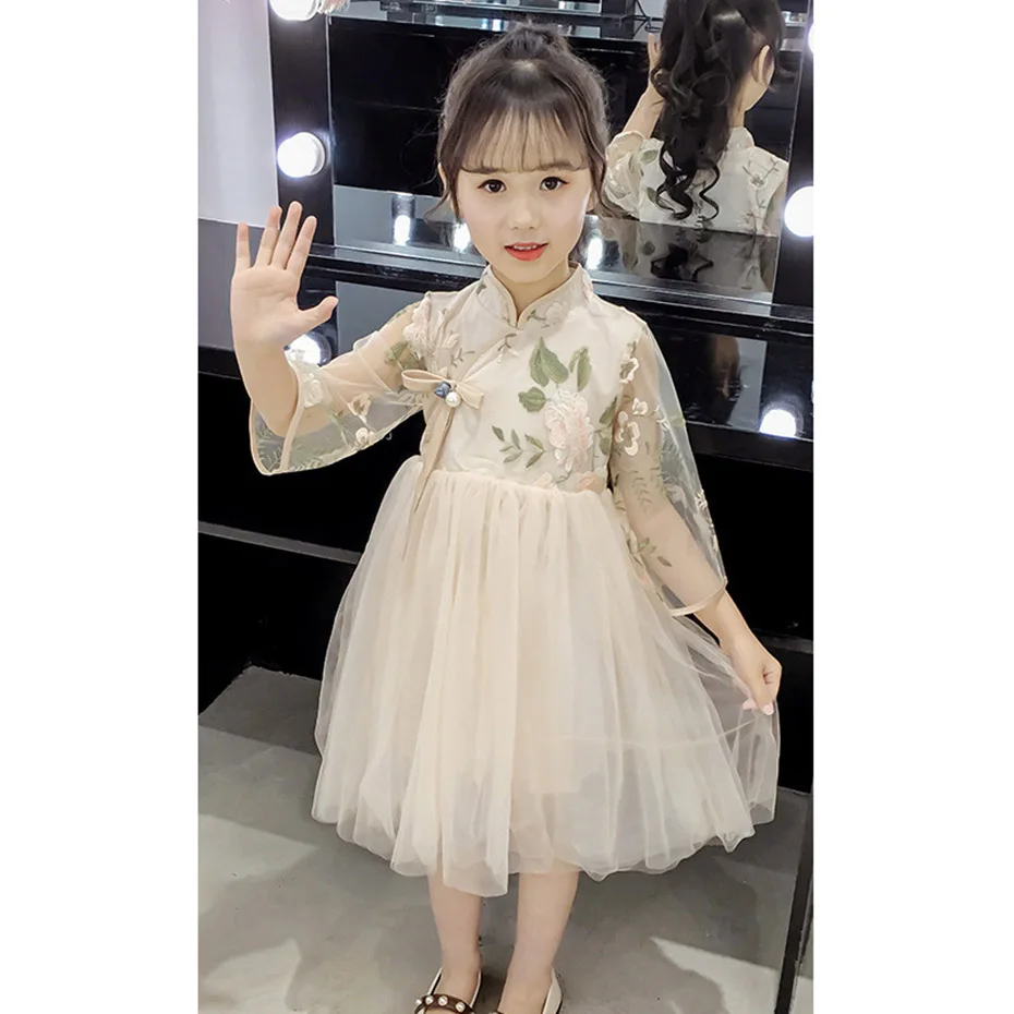 Girls Dress Flower Embroidery Kids Party Chinese Style Spring Autumn Costume 6 8 10 12 14 Year | Детская одежда и обувь
