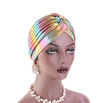 

Laser Hair Caps Silky Ruffle Metallic Turban Hair Cover Accessories Wave Caps Bonnet Salon Hat Turban Headwrap Women