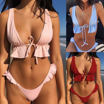 

hirigin Sexy Women Polka Dot Ruffle Push Up Bikini Set V-neck Padded High Waist Bikini Set Brief 2020 Swimsuit Swimwear Monokini