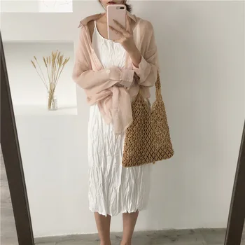 

Women's Simple Suspender Dress Chiffon Wrinkle Medium Long Dress Double Layer Dress