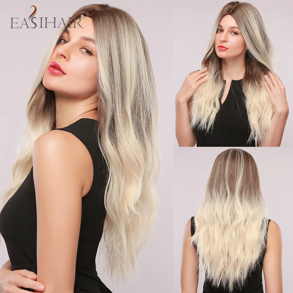 

EASIHAIR Ombre Brown Blonde Wig Long Water Wave Synthetic Women's wig with Highlight Cosplay Heat Resistant Hair Wigs for Women