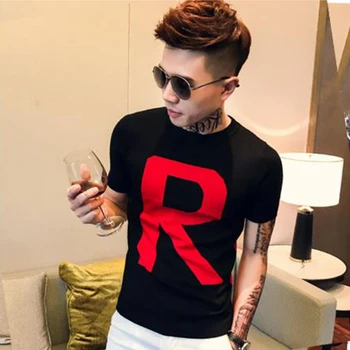

New Men Knitting Short Sleeve T-shirt Male Summer Letter Fashion Slim Fit Casual Tees Shirts Mens Streetwear T Shirt
