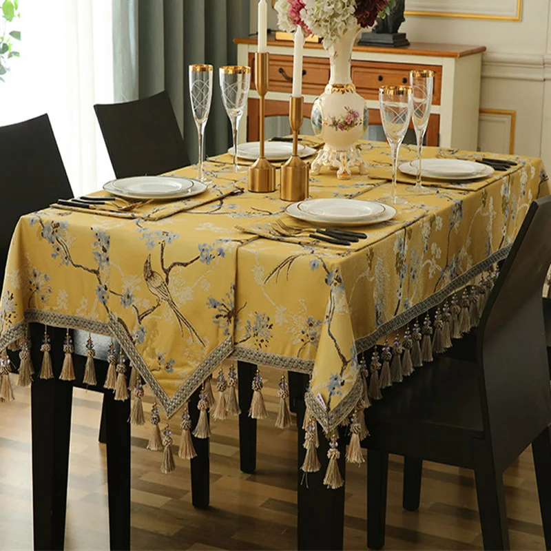 

Multifunction American Table Cloth Cover Flowers Birds Jacquard Rectangular Home Luxury Tea Tablecloth Tassel Tapete Mantel Mesa