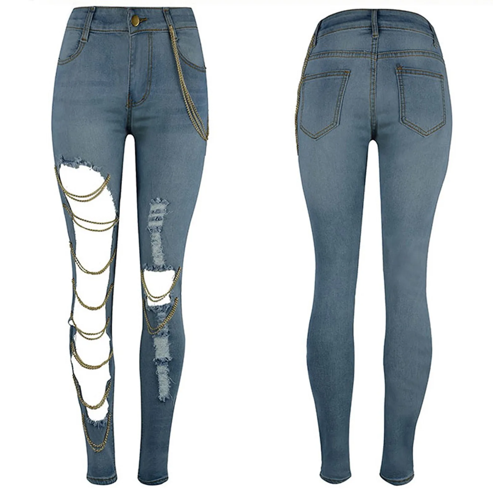 Fashion Women Denim Jeans Ripped Chain Big Hole Hollow Out Jeans Trousers Solid Slim Skinny Streetwear Pencil Pants Джинсы 2