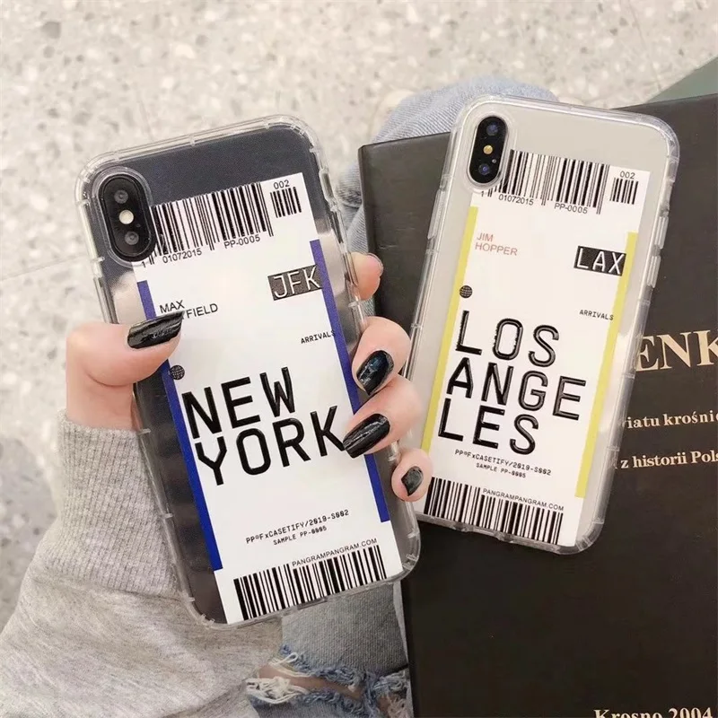 ins US City Label Bar code Phone Case For iPhone 11 Pro Xs MAX XR X 7 8 plus Simple letter new York Clear soft silicon Cover |