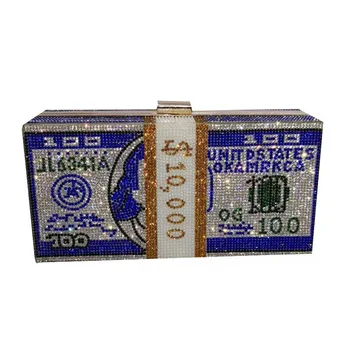 

High Quality Blue/White /Yellow/Green/Black Crystal 10000USD Money Clutch Purses And Diamond Handabgs Fashion Ladies Wedding Bag